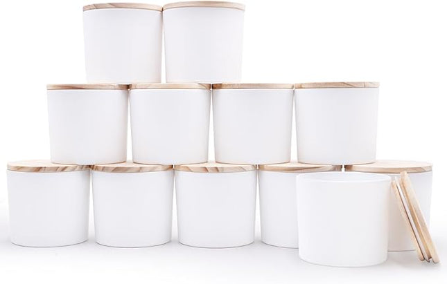 12 OZ Thick Candle Jars for Making Candles 12 Pcs, Empty Jars with Wood Lids for Spice Jars, Sample Container, Matte White