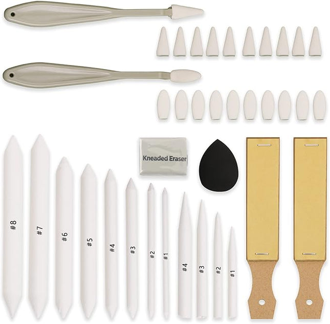 HIFORNY 38 PCS Sketch Drawing Tools - Blending Stumps and Tortillions Set Blending Tools with Art Sketch Wipe Scrapers,Rub Sponge,Kneaded Eraser and Sandpaper Sharpeners