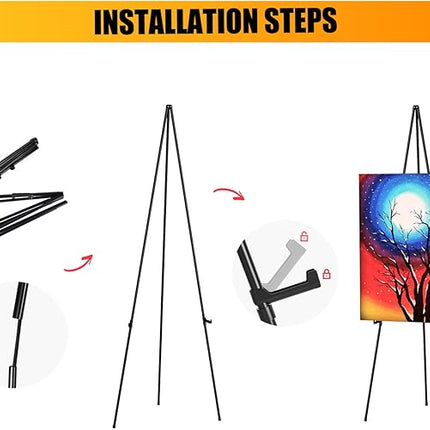 Thicken Display Artist Easel Stands - 63" Instant Tripod Collapsible Portable Floor Easels - Easy Folding Adjustable Art Poster Metal Stands for Display Show, Wedding, Painting - Black 2pack