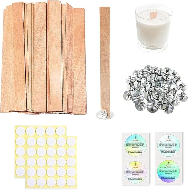 200 Pcs Thicked Wood Candle Wicks for Candle Making, 5.1 X 0.59X 0.06 Inch Upgrade Wood Wicks, Wooden Wicks Box Includes Iron Stander, Glue Dot, and Warning Labels (50 Sets)