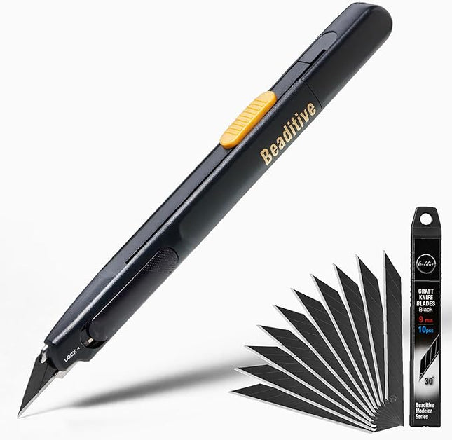 Beaditive High Precision Detail Craft Knife Pro - 30 Degree Blade Utility Knife - Art, Craft, Model Making (1 Pro Knife, 10 Black Blades)