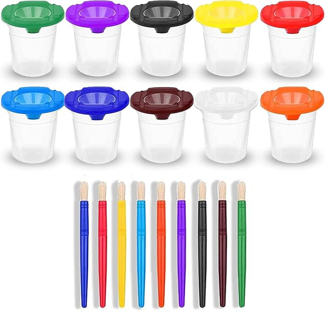 Paint Cups with Lids for Kids – 10 Paint Containers with Lids, 10 Toddler Paints Brushes – Toddler Art Supplies No Spill Painting Cups