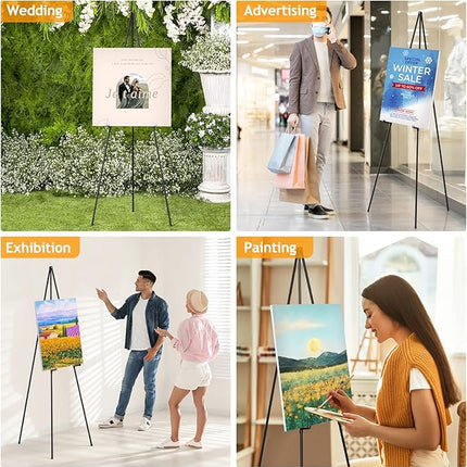 Thicken Display Artist Easel Stands - 63" Instant Tripod Collapsible Portable Floor Easels - Easy Folding Adjustable Art Poster Metal Stands for Display Show, Wedding, Painting - Black 2pack