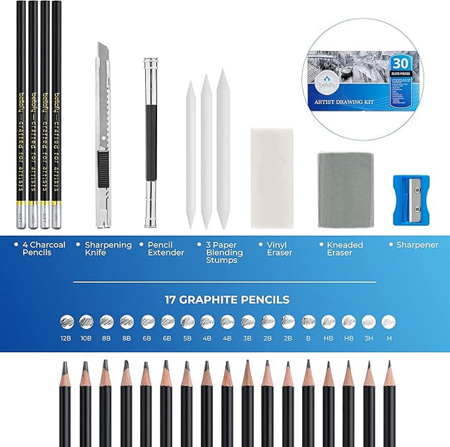 Bellofy Artist Drawing Set Sketching Drawing Kit -100 Sheet Sketchbook - Variety of Sketch/Charcoal Pencils Set for Drawing - Shading Pencils For Sketching from 3H-12B - 30 piece - Erasers & Sharpener