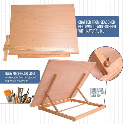U.S. Art Supply X-Large 26" x 21" Wooden Drawing Board, Adjustable Table Top Easel for Painting and Drawing - Drafting Board with T-Square, Pencil Ledge