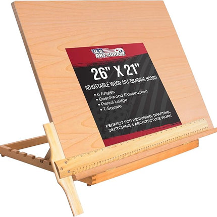 U.S. Art Supply X-Large 26" x 21" Wooden Drawing Board, Adjustable Table Top Easel for Painting and Drawing - Drafting Board with T-Square, Pencil Ledge