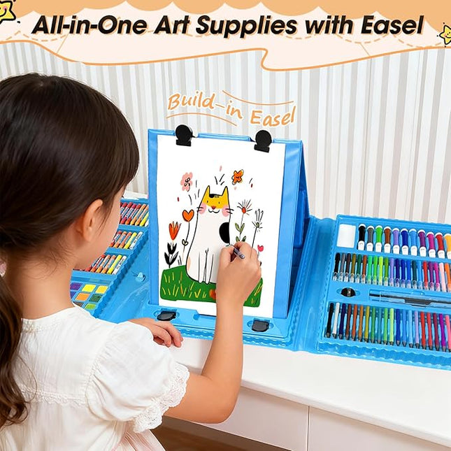 KIDDYCOLOR 217 PCS Kids Art Set, Drawing Art Supplies for Girls & Boys Ages 4-8 with Watercolor Cakes, Oil Pastels, Colored Pencils, Ideal Gift for Young Artist, Blue