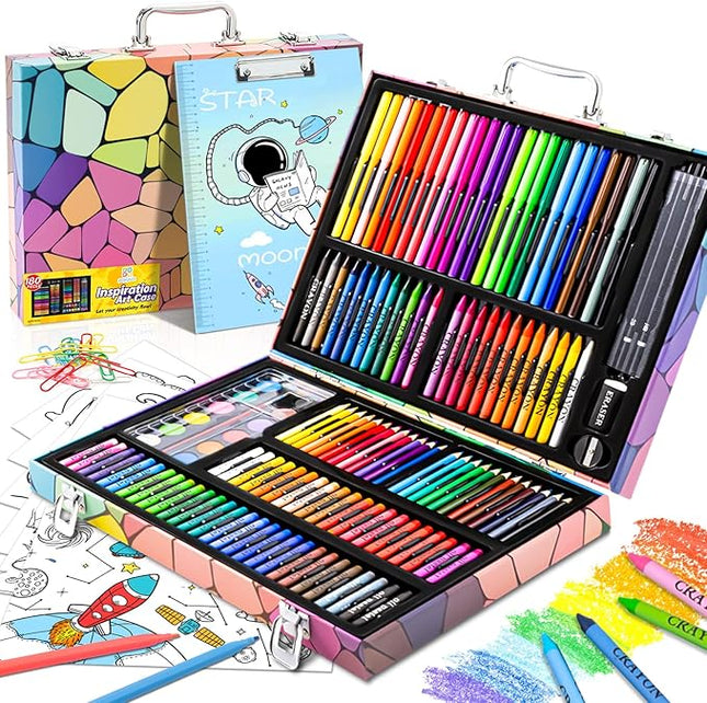 Art Supplies, 180 Pack Drawing Painting Set for Kids Girls Boys Teens, Coloring Art Kit Gift Case with Clipboard, Coloring Papers, Oil Pastels, Crayons, Colored Pencils, Watercolor Cakes, Markers