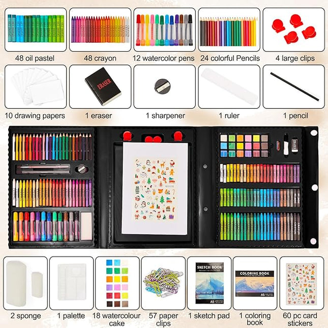 KINSPORY Art Kit, 290 Pack Art Sets Crafts Drawing Coloring kit, Double-Side Trifold Easel, Oil Pastels, Crayons, Colored Pencils, Creative Gift for Beginners Artists Girls Boys Kids (Black)