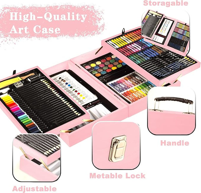 KINSPORY Art Set, 168 Pack Wooden Art Stuffs, Painting Drawing Kits with 3pc Coloring Books, Oil Pastels, Watercolor Paints, Art Crafts kit, Deluxe Gift for Artist Beginners Kids Girls Boys