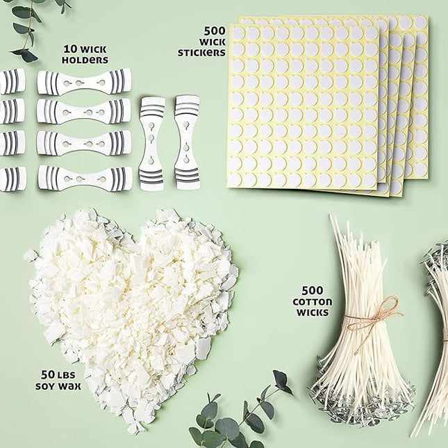 CraftBud Soy Candle Wax for Candle Making – Natural Soy Wax for Candle Making 50 lb Bag, Candle Making Wax, 50 Lbs. Soy Wax Flakes, 500 Candle Wicks, 500 Wick Stickers, and 10 Metal Centering Devices