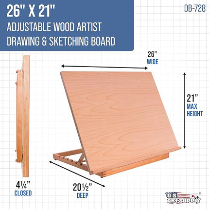 U.S. Art Supply X-Large 26" x 21" Wooden Drawing Board, Adjustable Table Top Easel for Painting and Drawing - Drafting Board with T-Square, Pencil Ledge