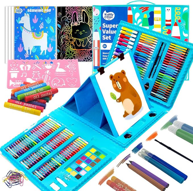 KIDDYCOLOR 217 PCS Kids Art Set, Drawing Art Supplies for Girls & Boys Ages 4-8 with Watercolor Cakes, Oil Pastels, Colored Pencils, Ideal Gift for Young Artist, Blue