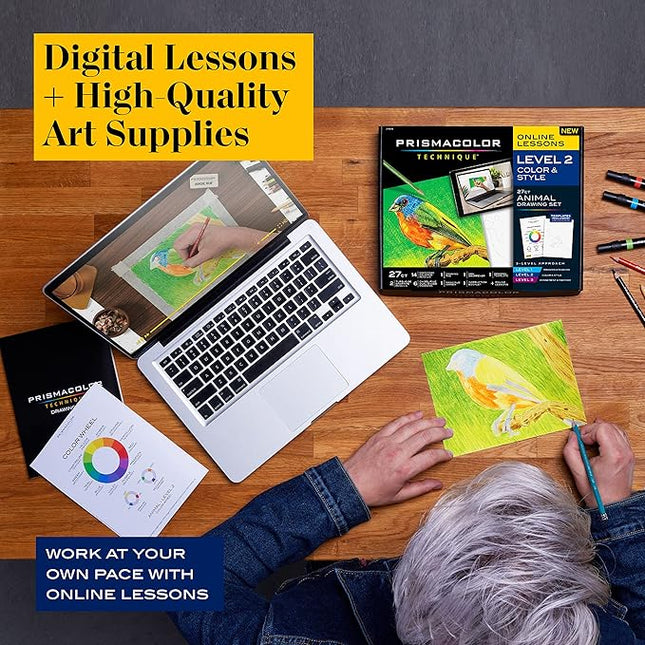 Prismacolor Technique, Art Supplies and Digital Art Lessons, Animal Drawings Set, Level 2, How to Draw Animals with Colored Pencils, Dual-Ended Markers, and More, Bird Drawing Lesson, 27 Count