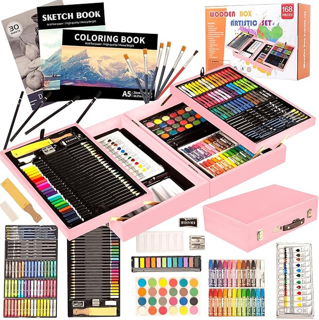 KINSPORY Art Set, 168 Pack Wooden Art Stuffs, Painting Drawing Kits with 3pc Coloring Books, Oil Pastels, Watercolor Paints, Art Crafts kit, Deluxe Gift for Artist Beginners Kids Girls Boys