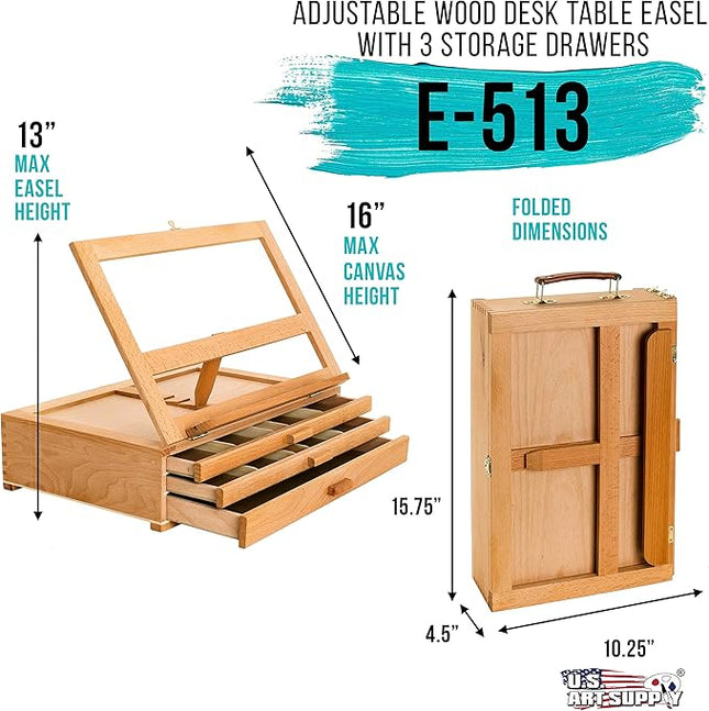 U.S. Art Supply Adjustable 3-Drawer Wooden Storage Box Easel & Folding Canvas Stand - Portable Art Desk, Artist Desktop Easel for Painting & Drawing - Holds Paint, Markers, Pens, Premium Beechwood