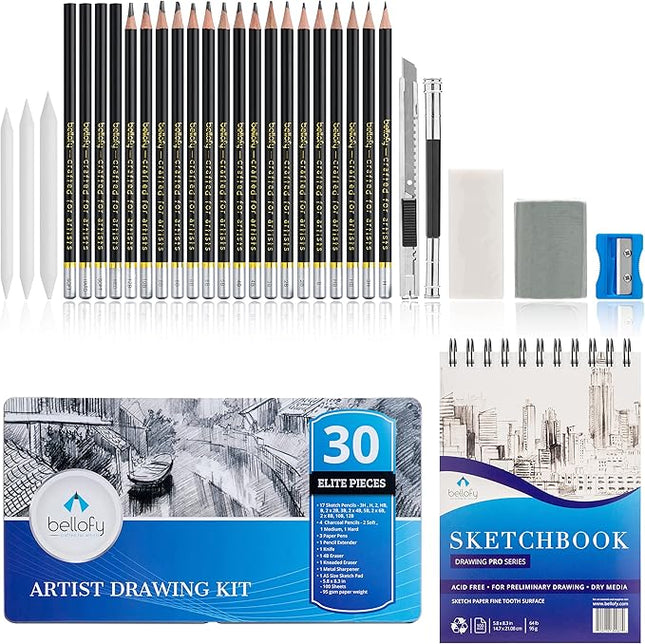 Bellofy Artist Drawing Set Sketching Drawing Kit -100 Sheet Sketchbook - Variety of Sketch/Charcoal Pencils Set for Drawing - Shading Pencils For Sketching from 3H-12B - 30 piece - Erasers & Sharpener